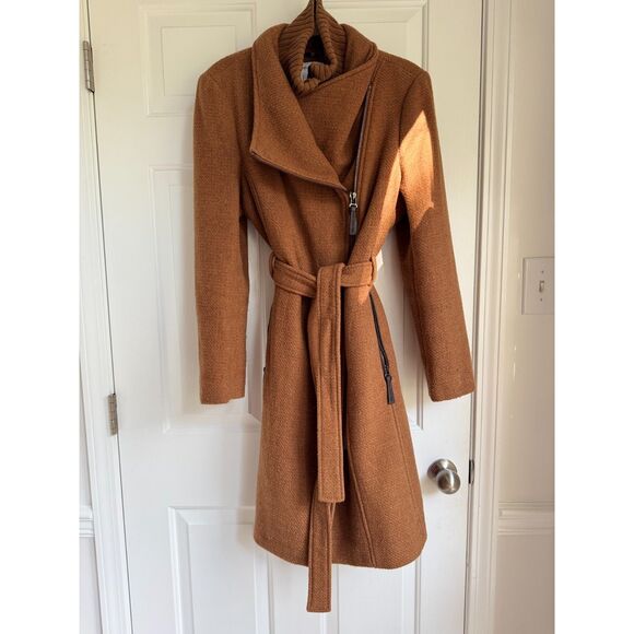 CALVIN KLEIN Wool Blend Belted Wrap Coat Women's Dark Camel Brown - Picture 1 of 11
